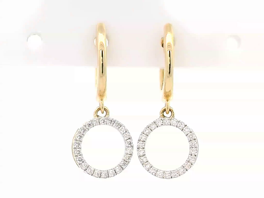 18K gold diamond hoop drop earrings with a circle dangle, featuring 0.20ct brilliant round diamonds, perfect for elegant occasions.