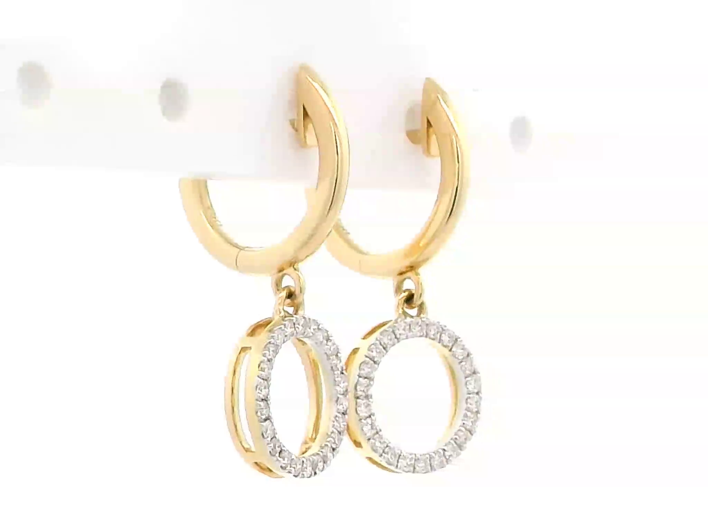 18K gold diamond hoop drop earrings with a circle dangle, featuring 0.20ct brilliant round diamonds, perfect for elegant occasions.