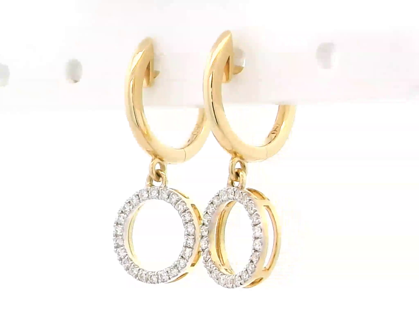 18K gold diamond hoop drop earrings with a circle dangle, featuring 0.20ct brilliant round diamonds, perfect for elegant occasions.