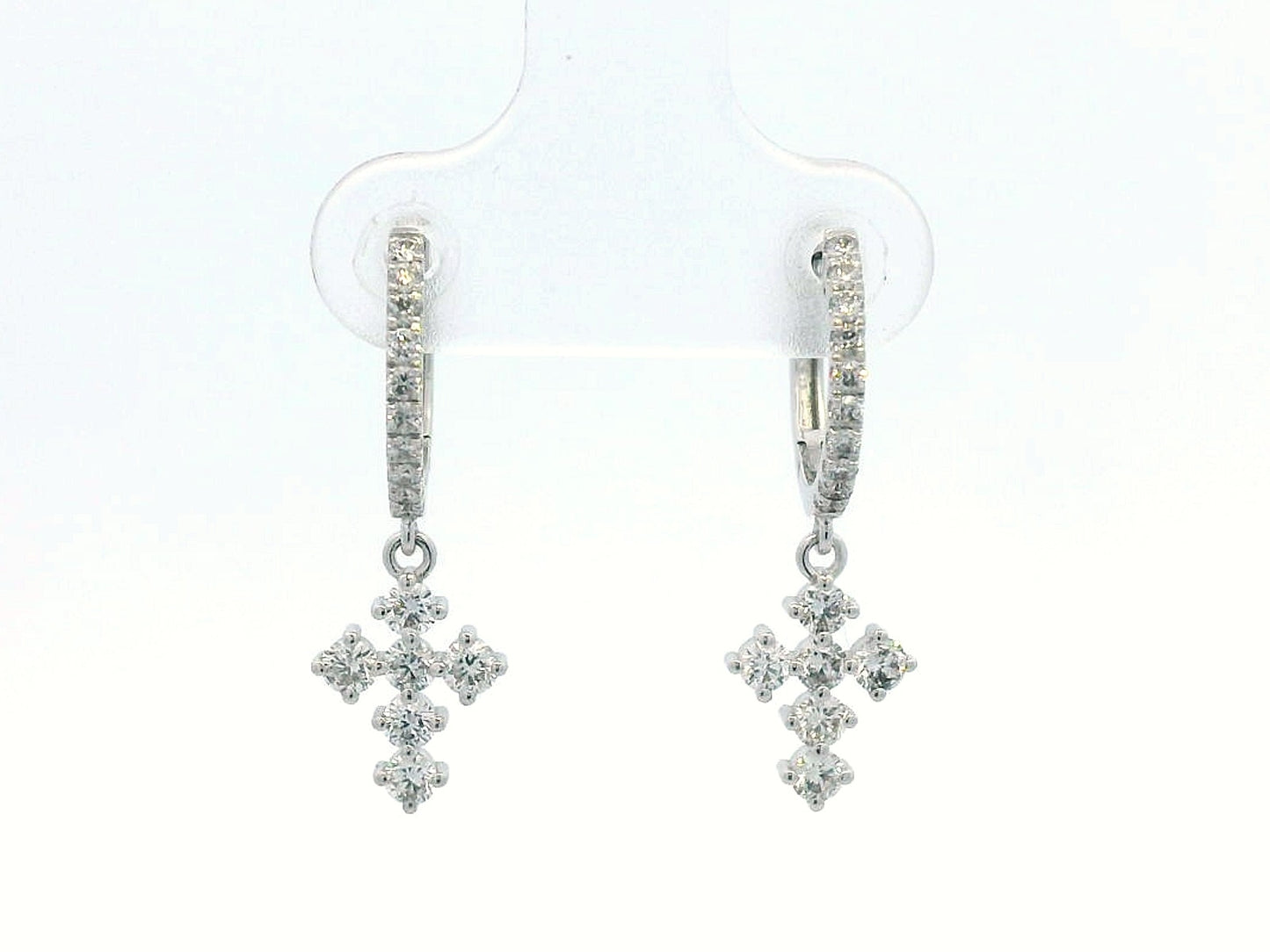 18K white gold diamond cross drop hoop earrings with pavé-set natural diamonds, 0.73 carat total weight by Emirates Diamonds.