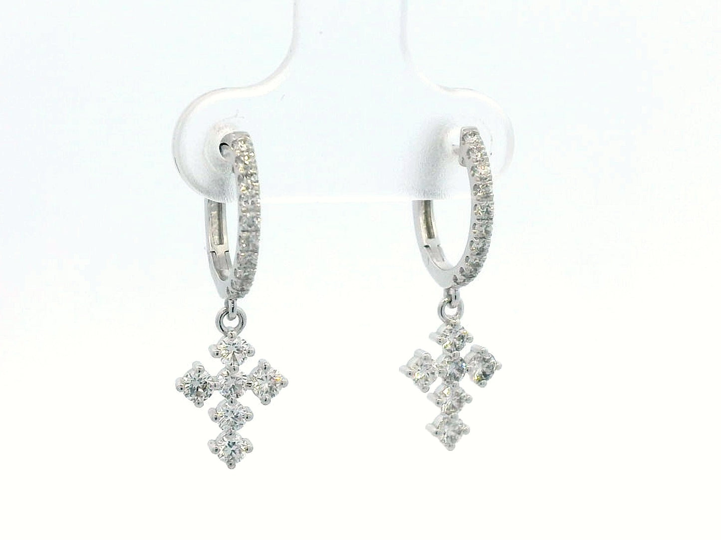 18K Gold Diamond Cross Hoop Earrings – 0.73 Carat Drop Earrings with Round Diamonds, Huggie Closure