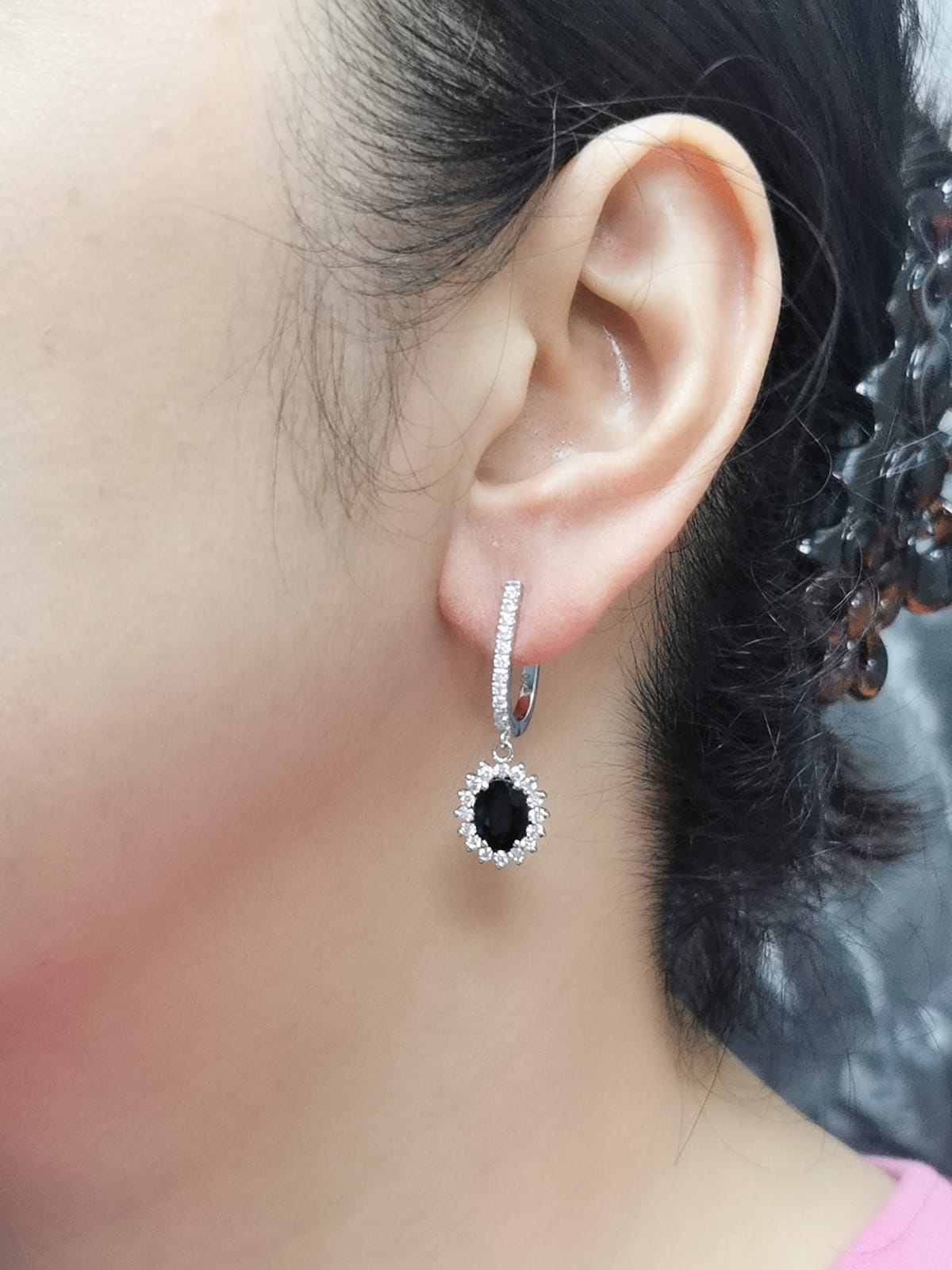 Blue Sapphire and Diamond Dangle Drop Hoop Earrings in 18k gold