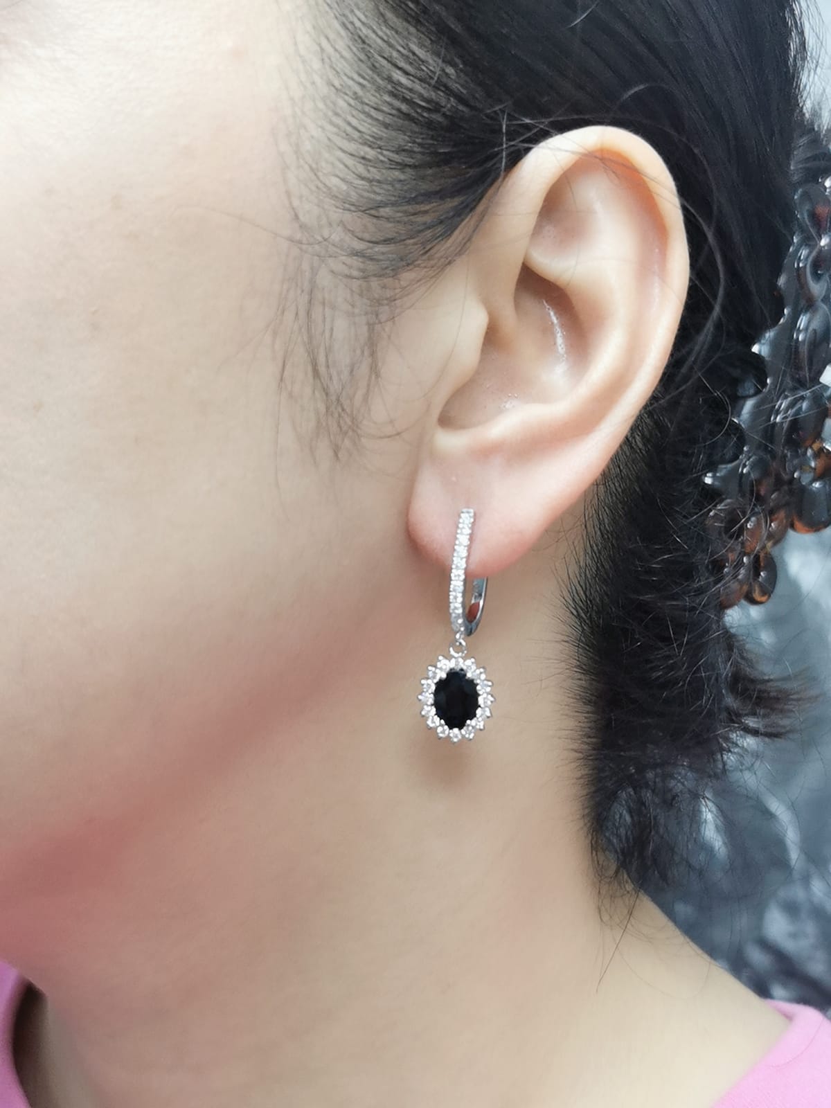 Blue Sapphire and Diamond Dangle Drop Hoop Earrings in 18k gold