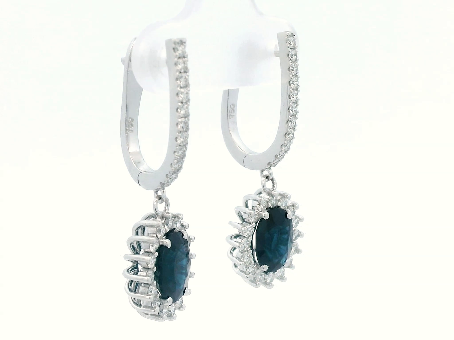 Blue Sapphire and Diamond Dangle Drop Hoop Earrings in 18k gold