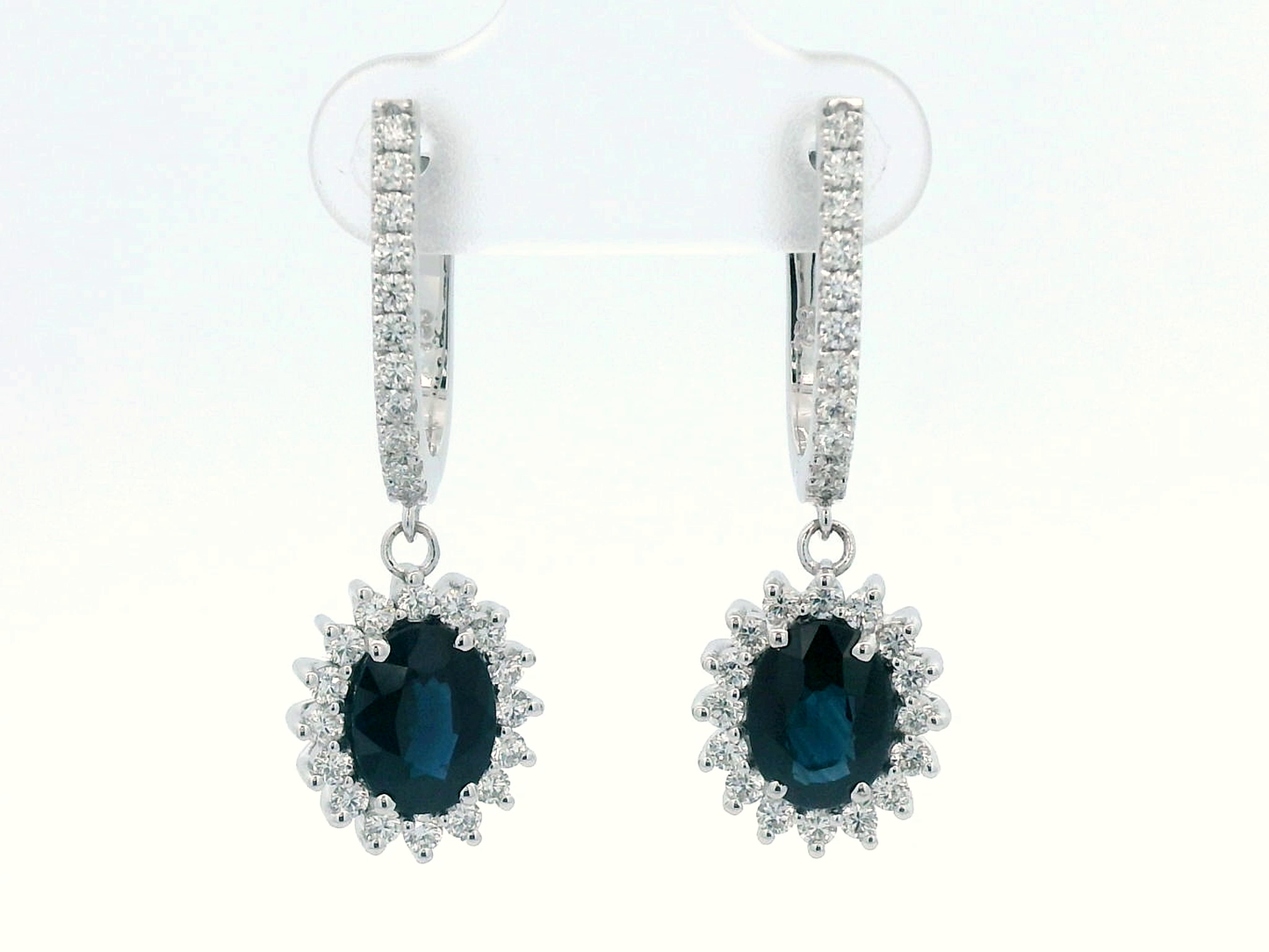 Blue Sapphire and Diamond Dangle Drop Hoop Earrings in 18k gold