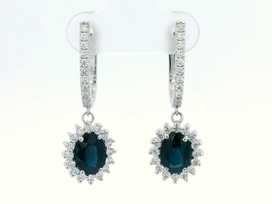 Blue Sapphire and Diamond Dangle Drop Hoop Earrings in 18k gold