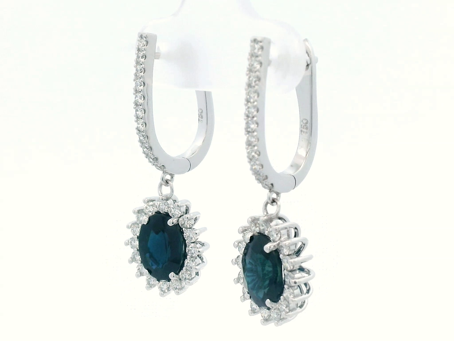 Blue Sapphire and Diamond Dangle Drop Hoop Earrings in 18k gold