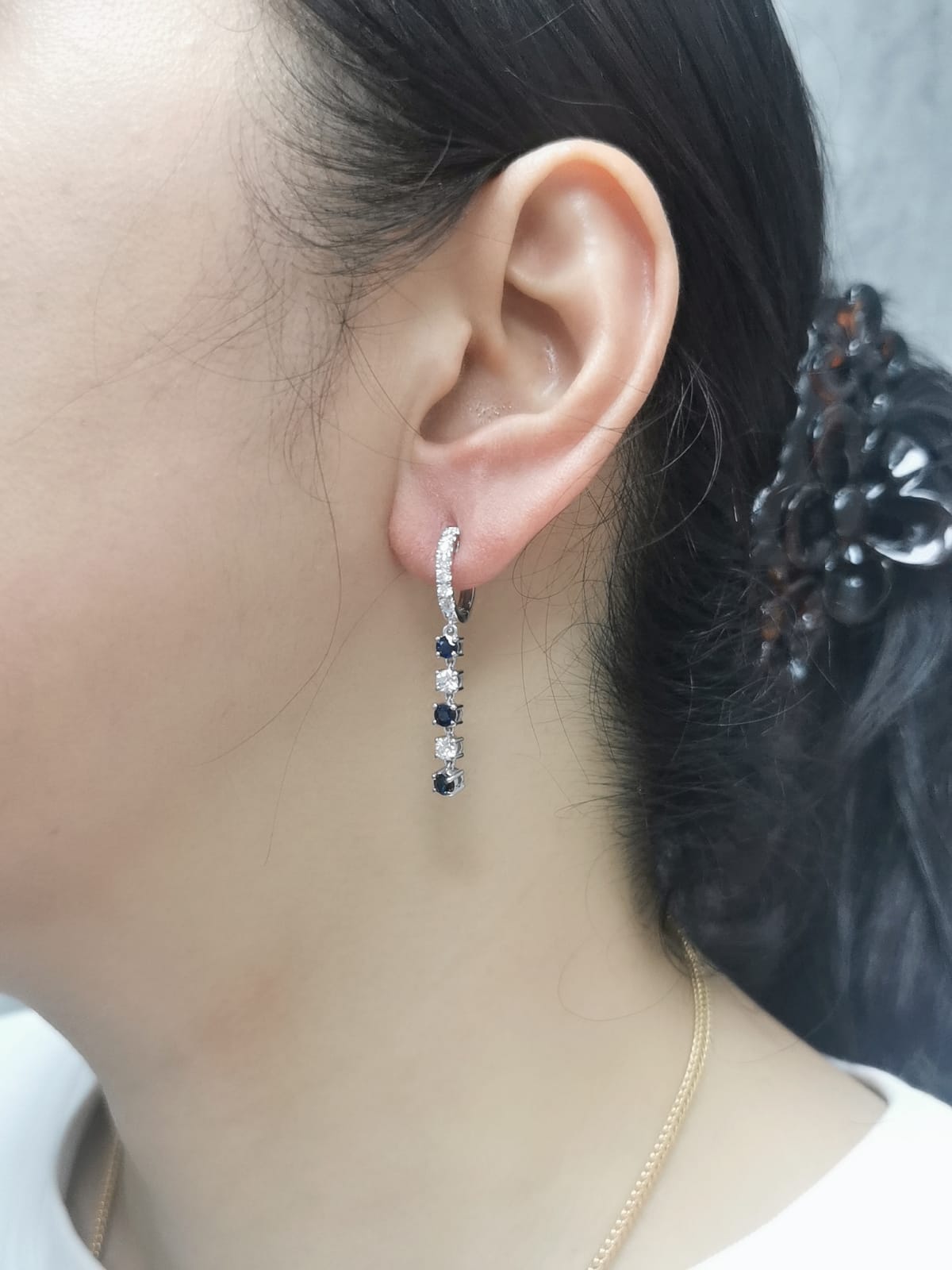 18K Gold Sapphire And Diamond Dangle Drop Hoop Earrings.