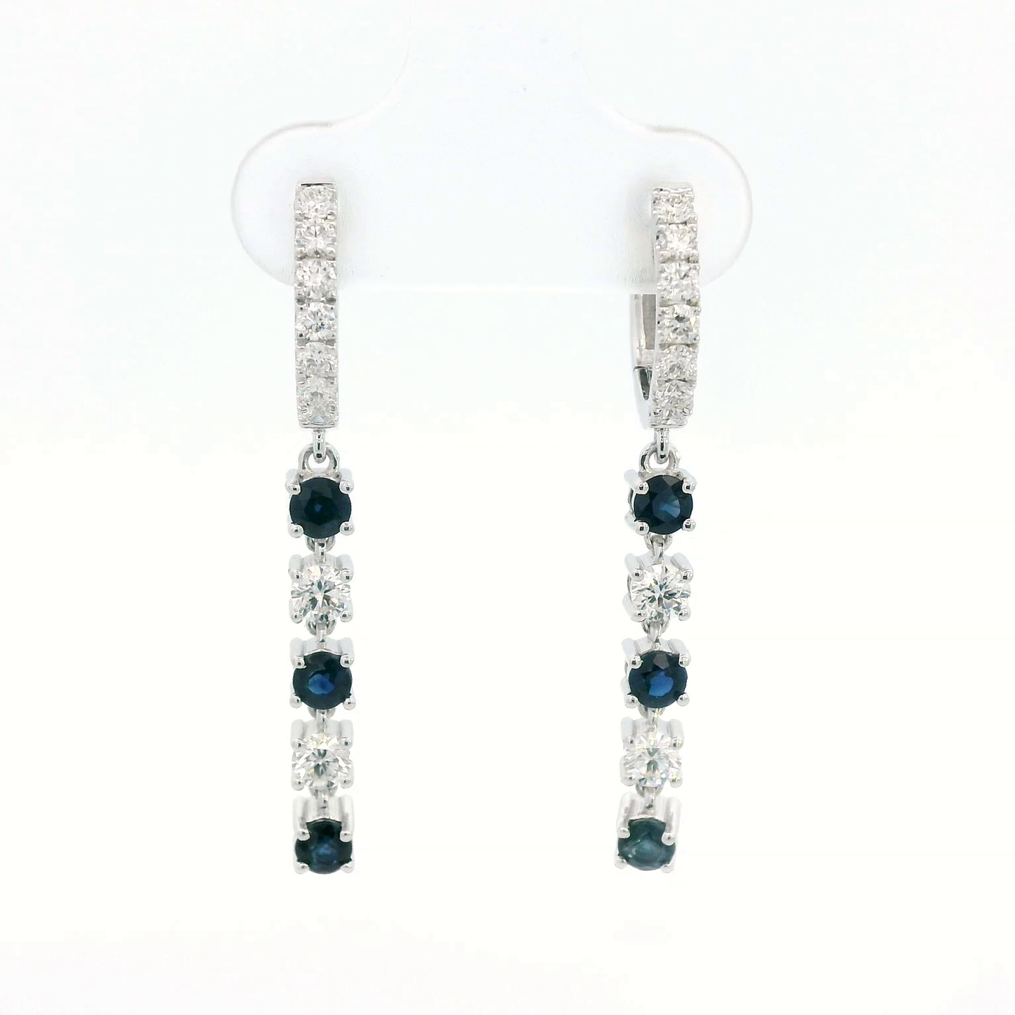 18K Gold Sapphire And Diamond Dangle Drop Hoop Earrings.