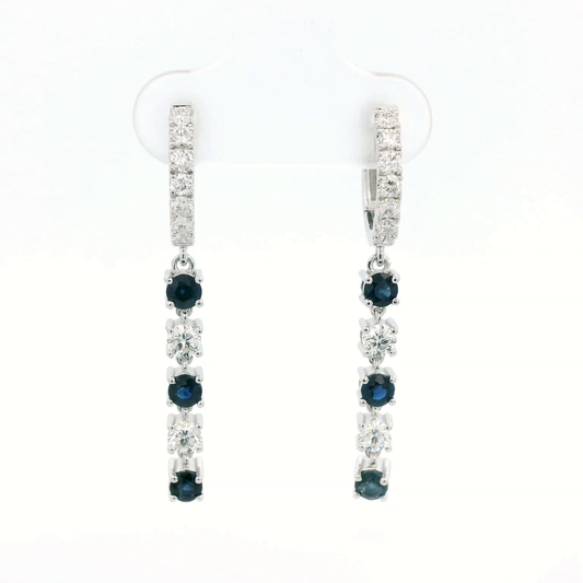 18K Gold Sapphire And Diamond Dangle Drop Hoop Earrings.