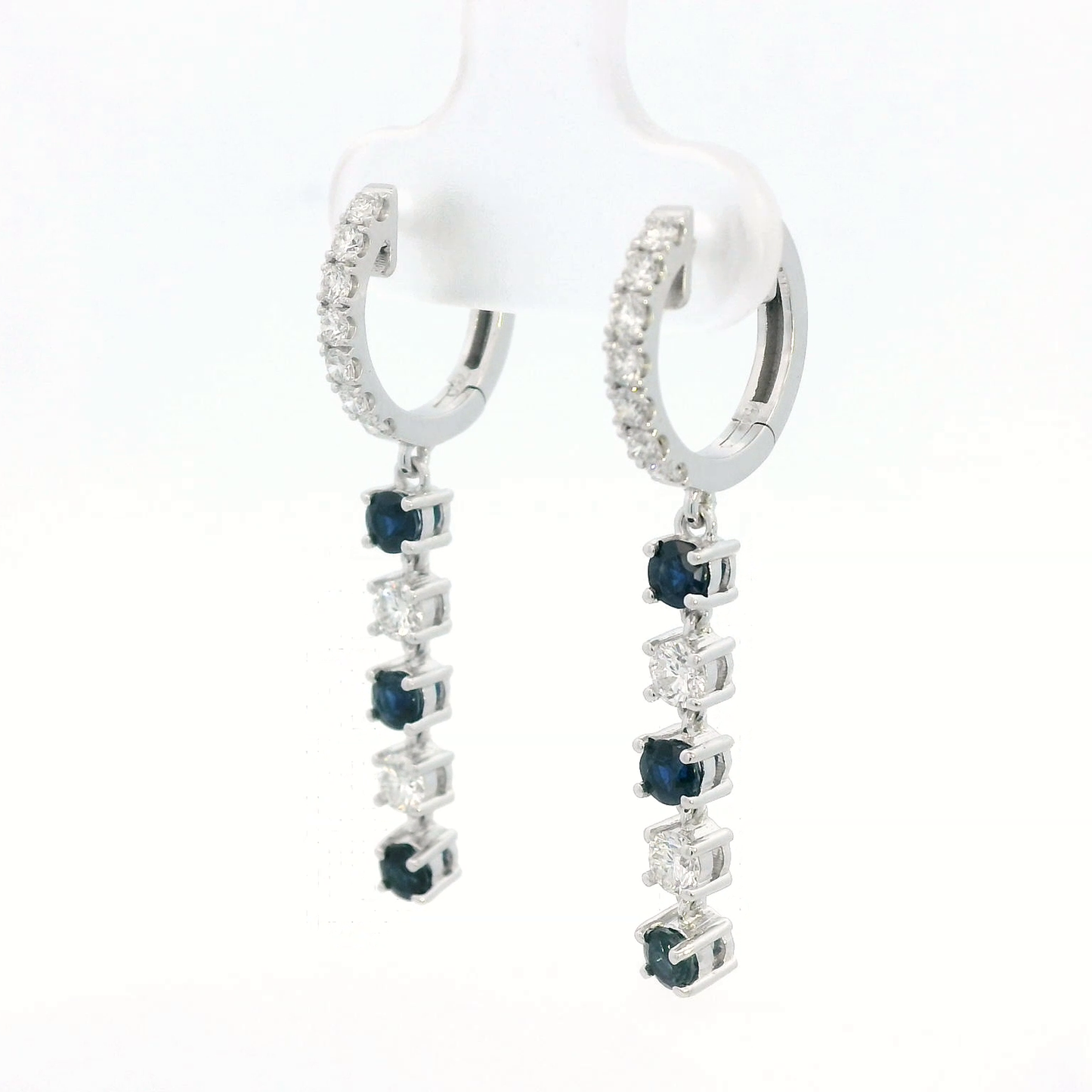 18K Gold Sapphire And Diamond Dangle Drop Hoop Earrings.