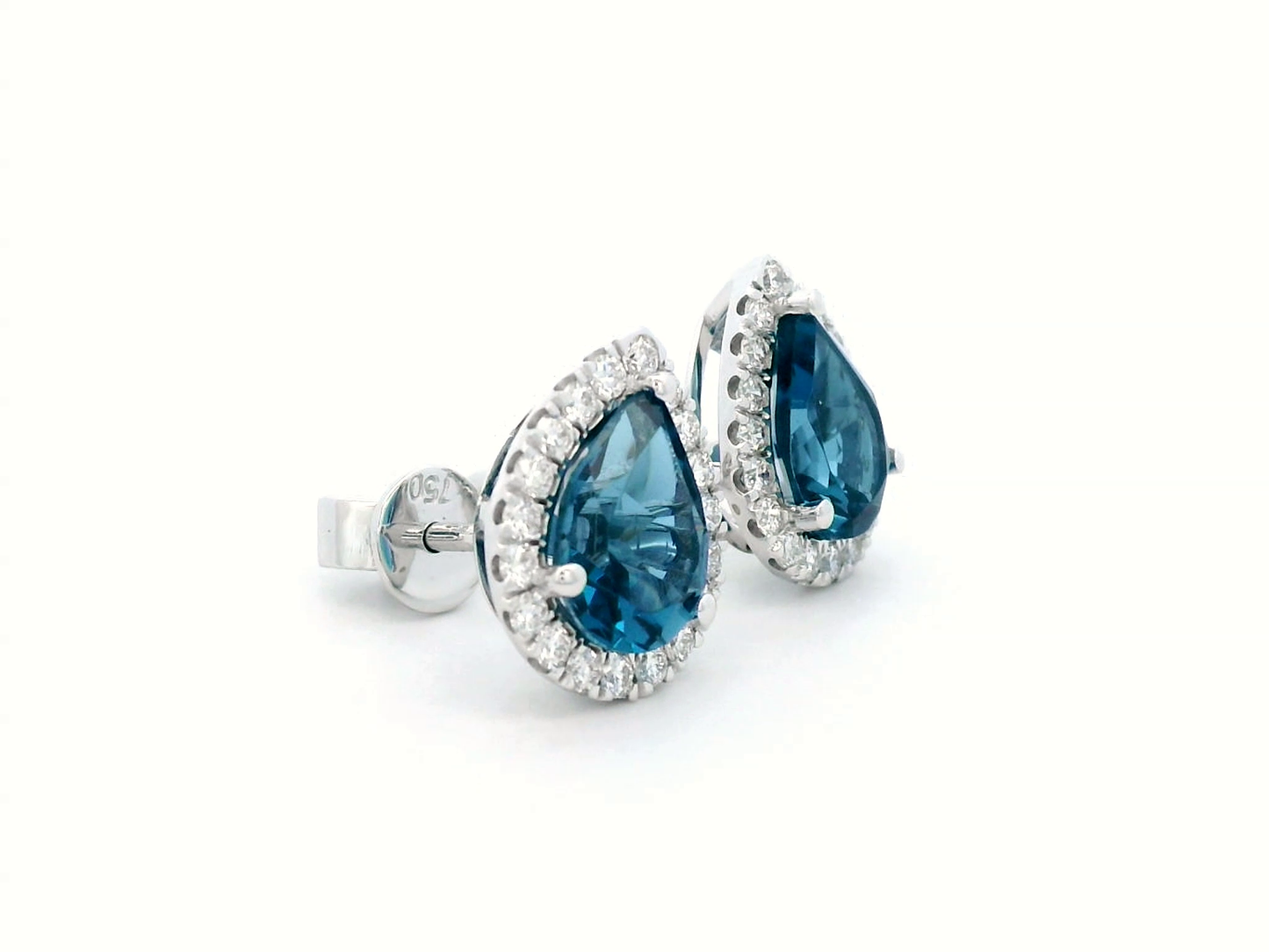 18k gold earrings featuring a pair of 2.53-carat total London Blue Topaz stones, surrounded by a total of 0.39-carat diamonds in a halo design.