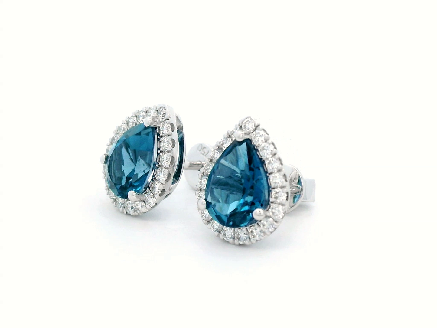 18k gold earrings featuring a pair of 2.53-carat total London Blue Topaz stones, surrounded by a total of 0.39-carat diamonds in a halo design.
