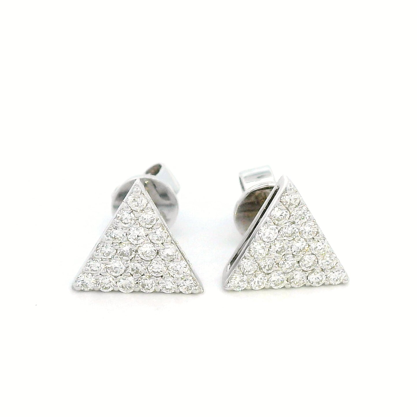 A pair of minimalist 18K white gold triangle diamond earrings featuring a geometric triangular design with 0.30 carats of round-cut diamonds and push-back closures.