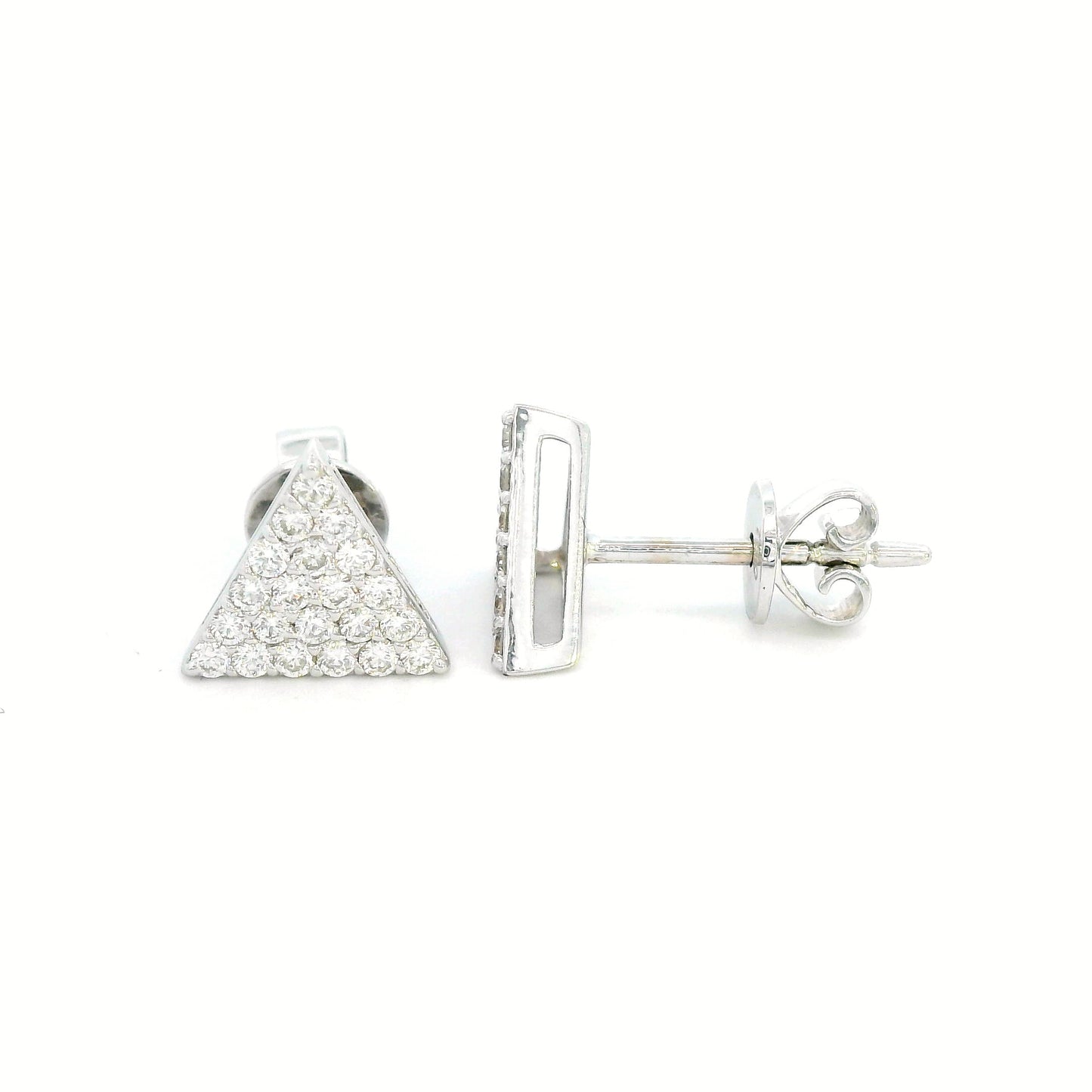 A pair of minimalist 18K white gold triangle diamond earrings featuring a geometric triangular design with 0.30 carats of round-cut diamonds and push-back closures.