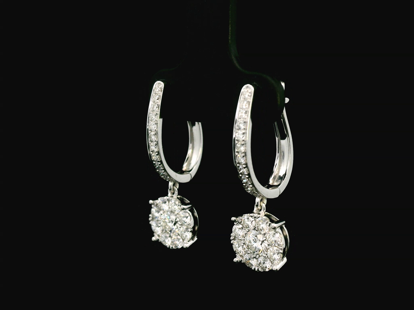 Stunning 18K White Gold Diamond Drop Hoop Earrings (1.52ct Diamonds)