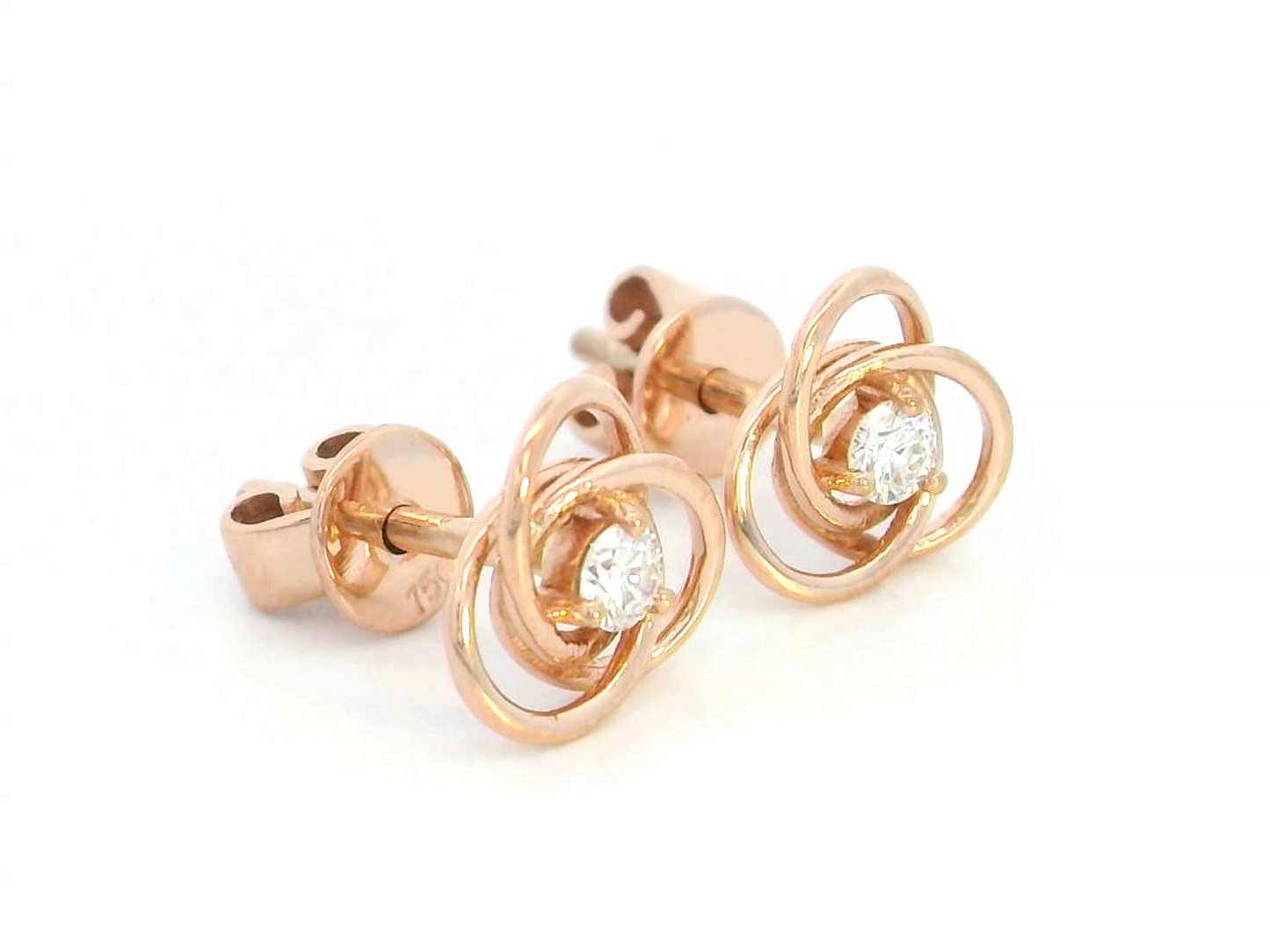 18K rose gold knot earrings with a solitaire 0.11-carat diamond at the center, symbolizing elegance and unity.