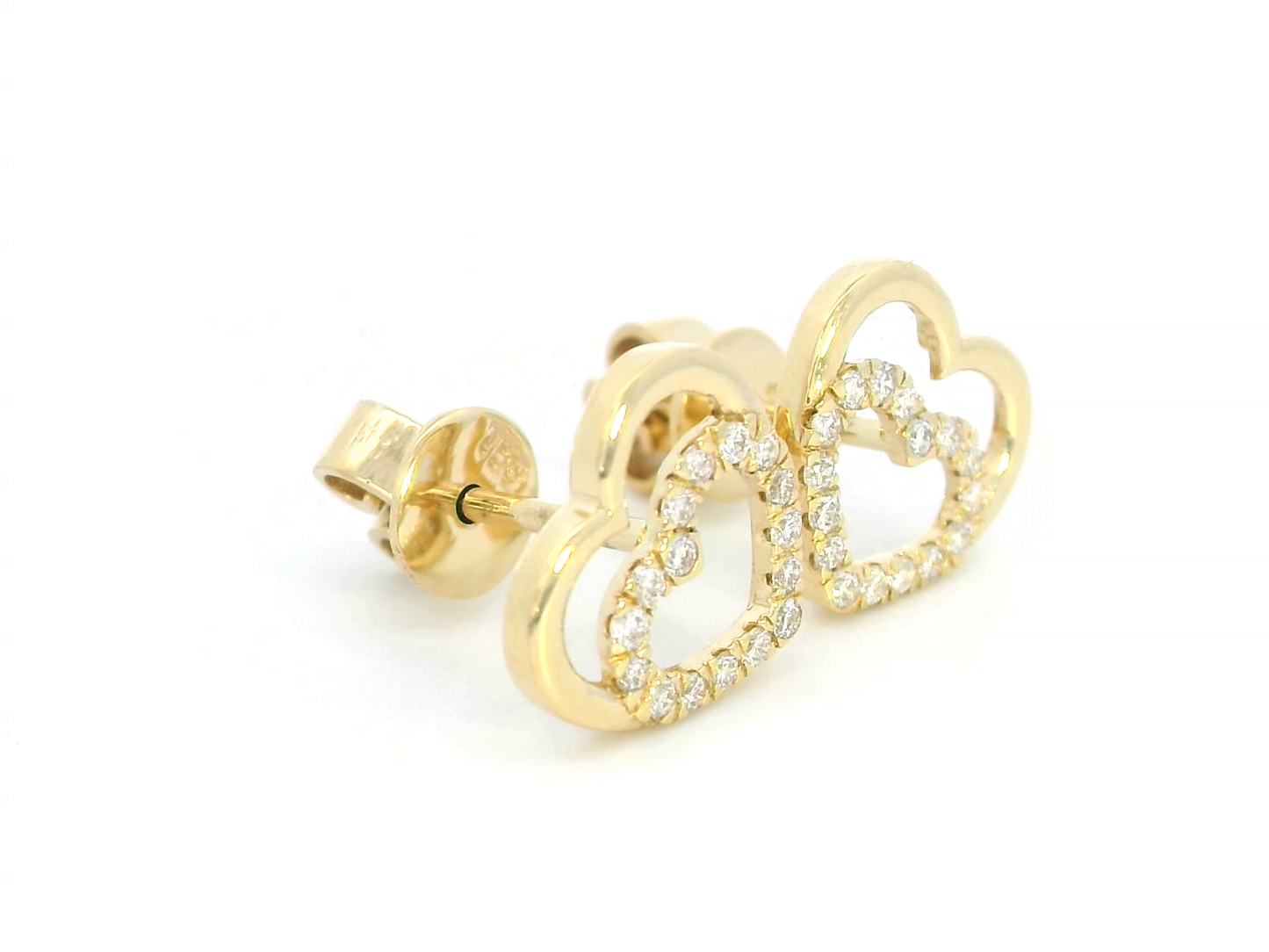 18K Yellow Gold Double Heart Earrings with 0.15 Carat Diamonds