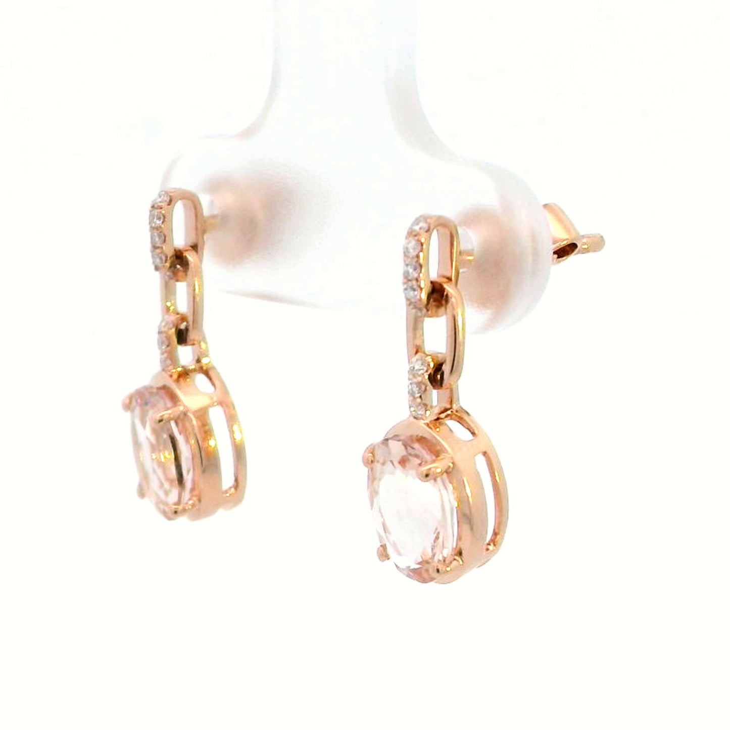Morganite and diamond drop earrings in 18K rose gold with oval-cut morganite gemstones by Emirates Diamonds