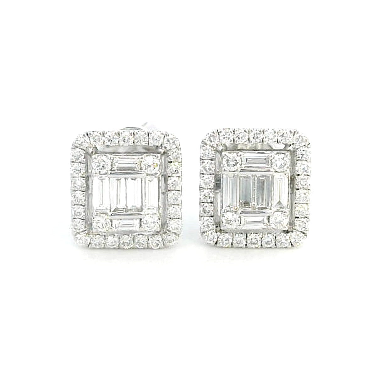 18K Gold Earrings with Round and Baguette Diamonds Framed by a Halo – 0.46 Carats