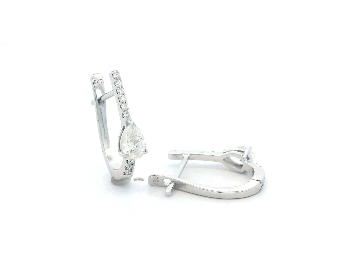 A pair of 18K gold hoop earrings featuring pear-shaped diamonds (0.41ct total) and accent diamonds (0.09ct total), elegantly designed for a timeless look.