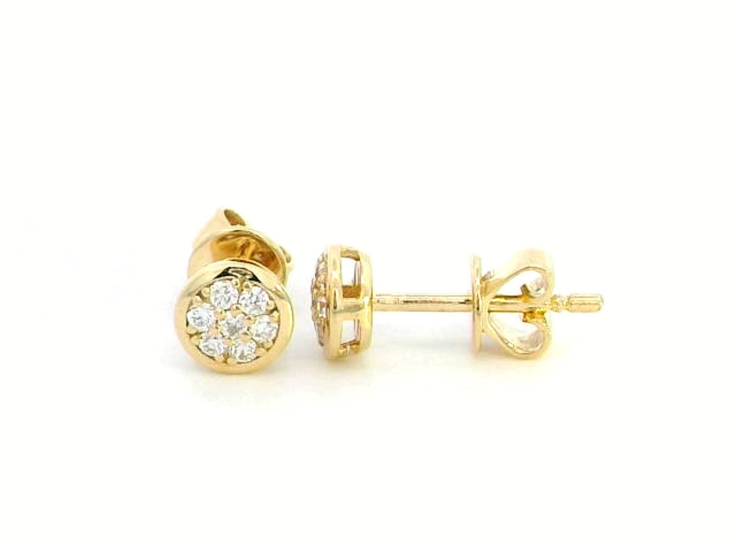 18K gold diamond cluster stud earrings featuring 0.14 carats of round diamonds in a bezel setting, secured with butterfly push-backs.