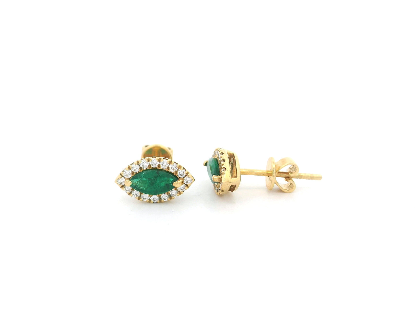 Marquise emerald and diamond halo stud earrings in 18K yellow gold by Emirates Diamonds