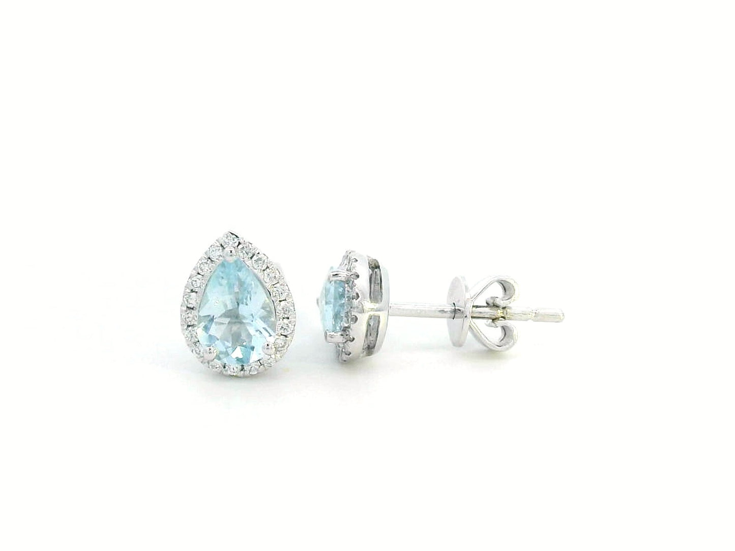 18K gold pear-shaped aquamarine and diamond halo stud earrings featuring 1.21 carats of aquamarine and 0.18 carats of diamonds, set in a timeless halo design.
