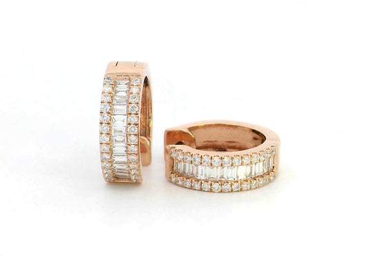 18K rose gold huggie hoop earrings with 0.58 CT round and baguette diamonds, featuring a secure and stylish design for a luxurious sparkle.