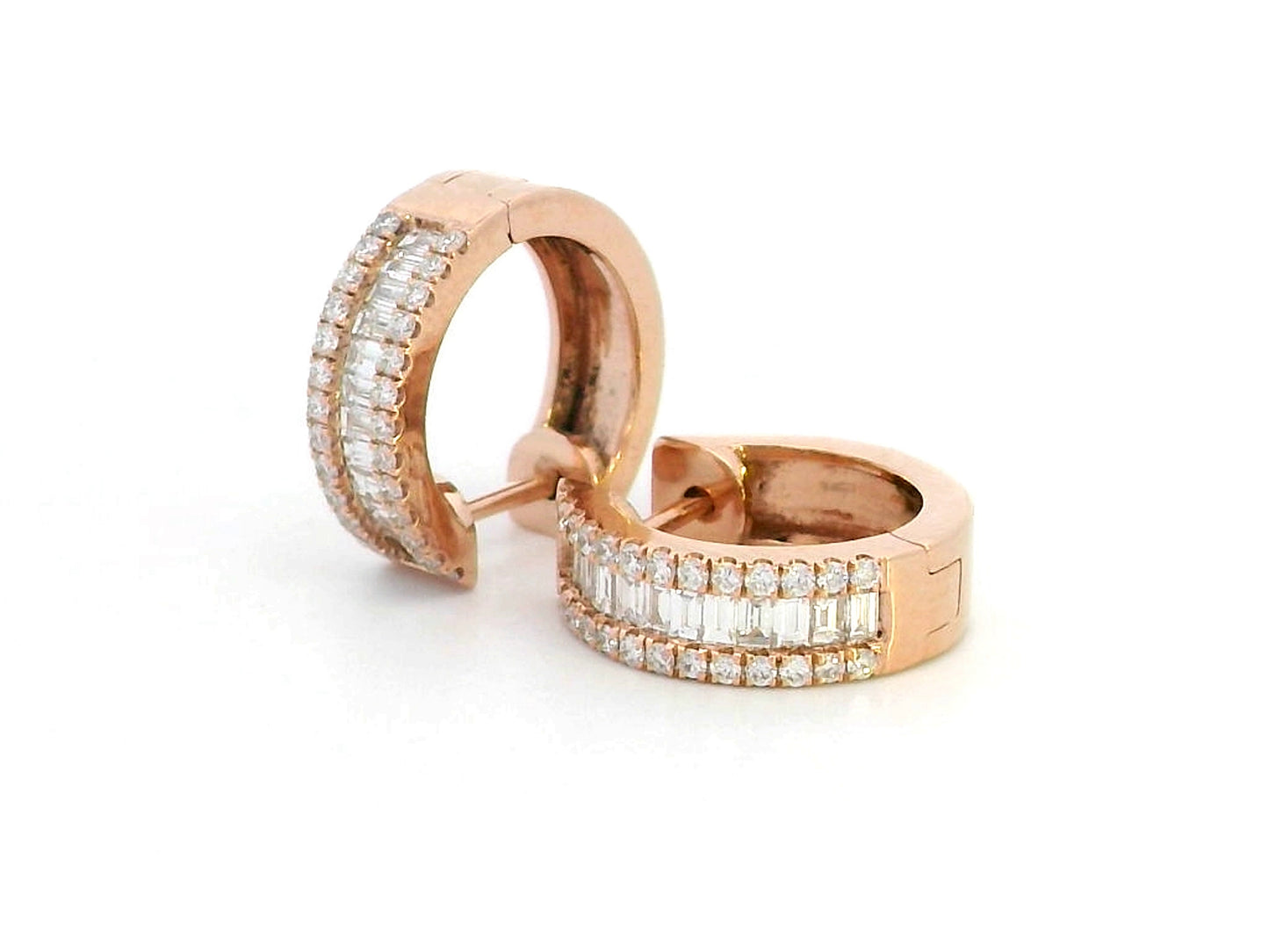 18K rose gold huggie hoop earrings with 0.58 CT round and baguette diamonds, featuring a secure and stylish design for a luxurious sparkle.