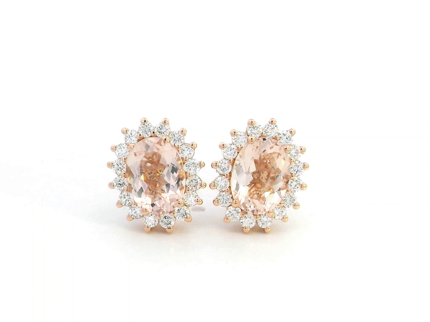 Morganite and Diamond Halo Stud Earrings, 18K Rose Gold, 2.77 Carat Morganites, Luxury Jewelry
