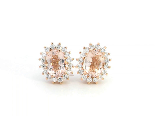 Morganite and Diamond Halo Stud Earrings, 18K Rose Gold, 2.77 Carat Morganites, Luxury Jewelry