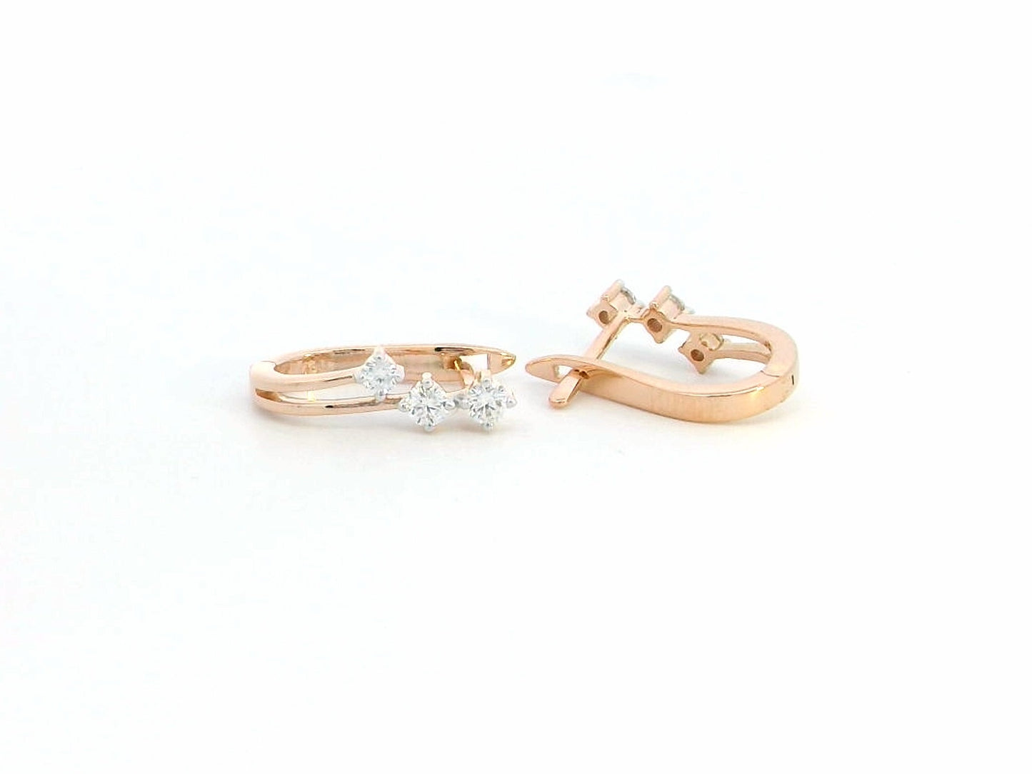 18K rose gold diamond hoop earrings with four sparkling diamonds, totaling 0.26 carats, modern minimalist style.