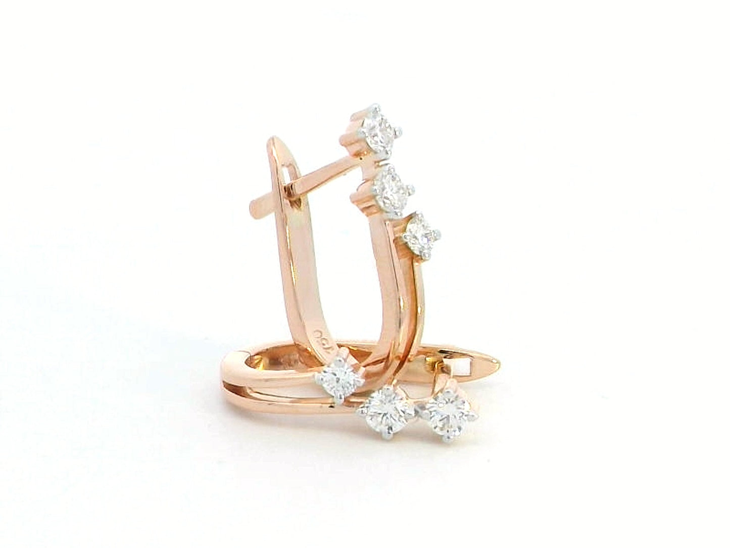 18K rose gold diamond hoop earrings with four sparkling diamonds, totaling 0.26 carats, modern minimalist style.