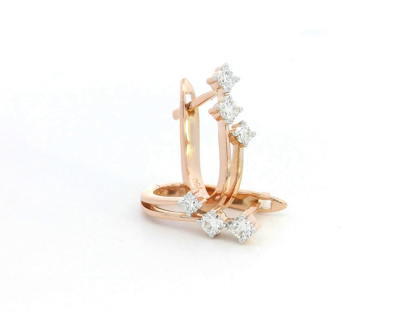 18K rose gold diamond hoop earrings with four sparkling diamonds, totaling 0.26 carats, modern minimalist style.