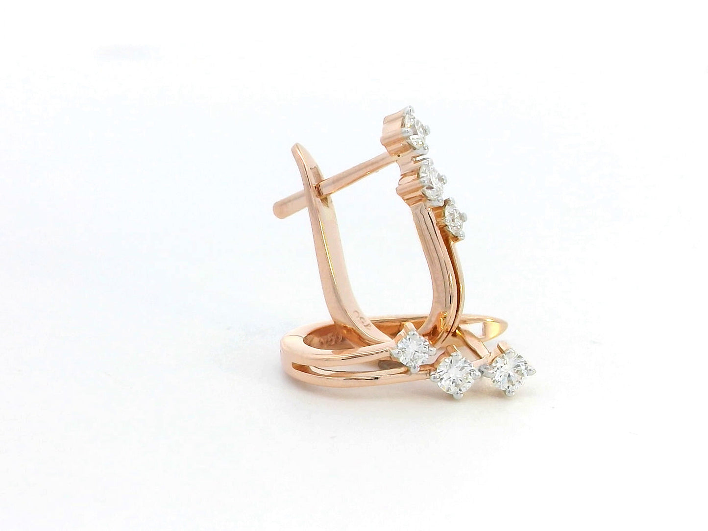 18K rose gold diamond hoop earrings with four sparkling diamonds, totaling 0.26 carats, modern minimalist style.