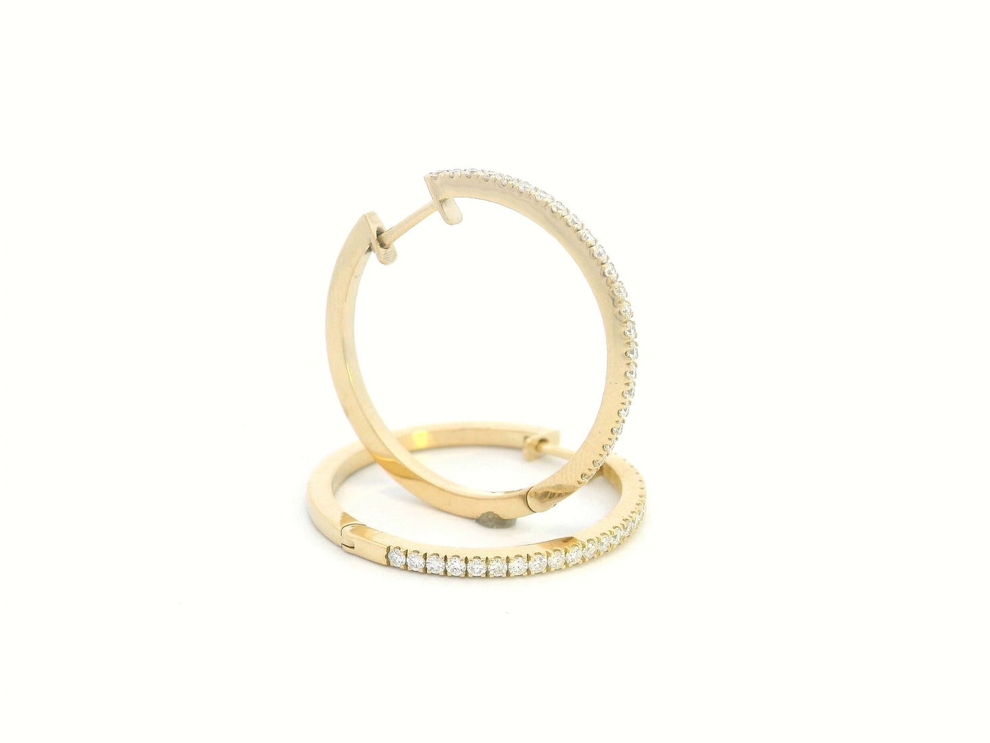 18K gold diamond hoop earrings with 0.48ct pave-set diamonds, featuring a slim, minimalist design for timeless elegance.