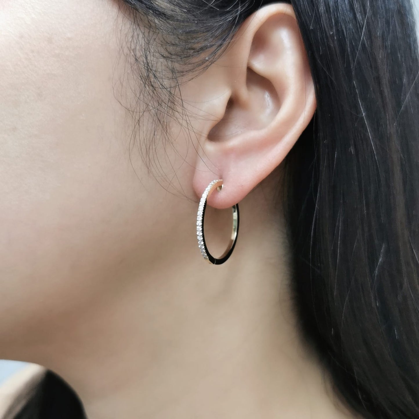 18K gold diamond hoop earrings with 0.48ct pave-set diamonds, featuring a slim, minimalist design for timeless elegance.