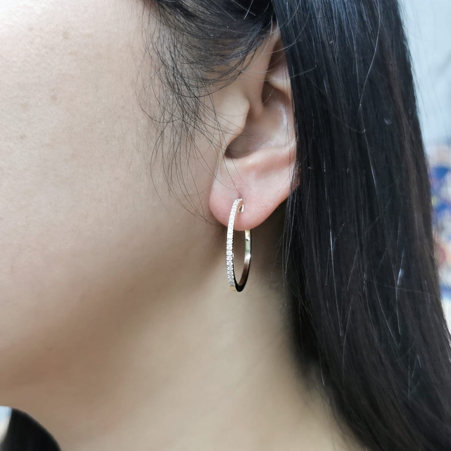 18K gold diamond hoop earrings with 0.48ct pave-set diamonds, featuring a slim, minimalist design for timeless elegance.
