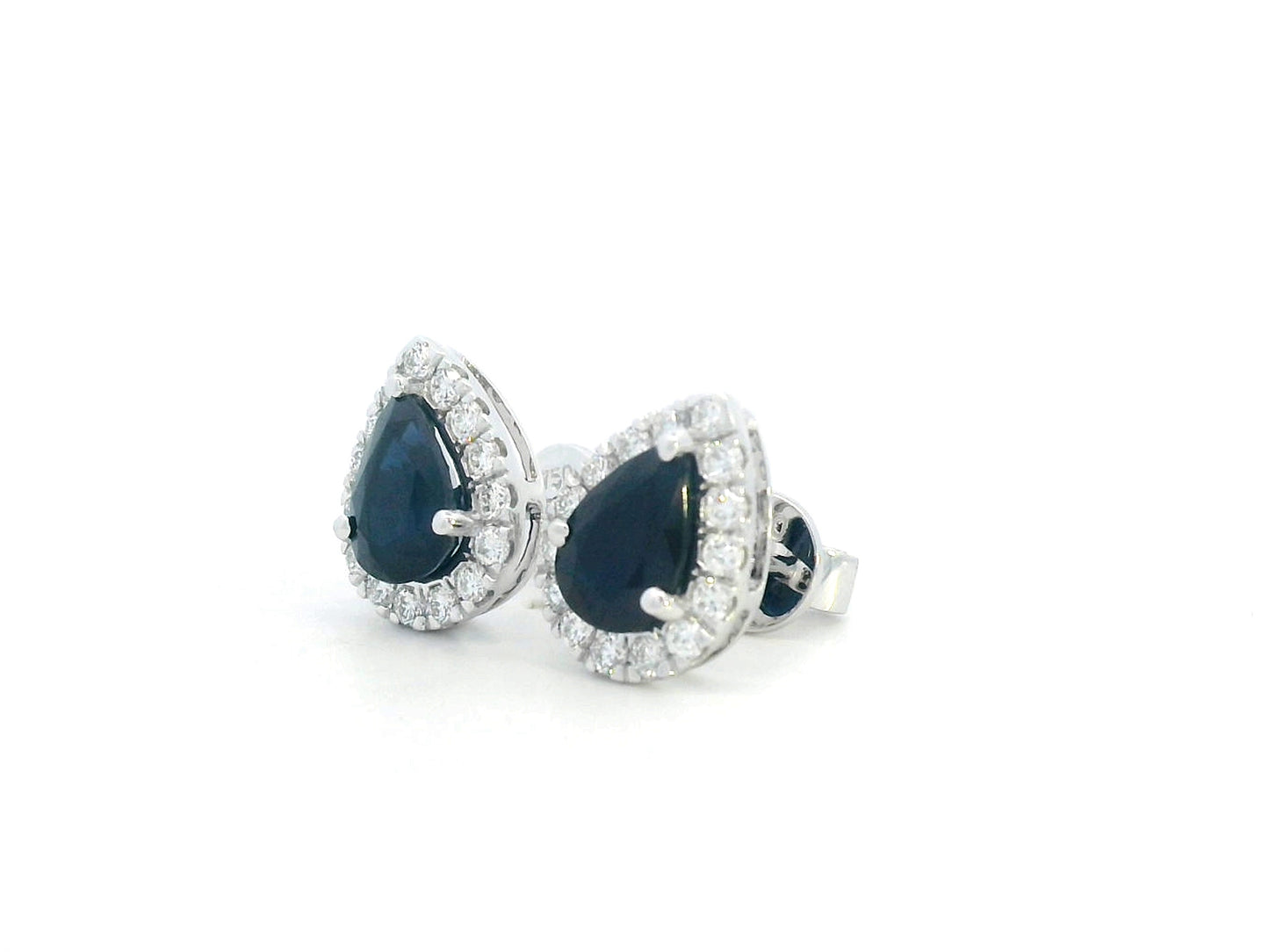 18K white gold pear-shaped blue sapphire and diamond halo stud earrings featuring 1.92 carats of blue sapphires and 0.38 carats of diamonds.