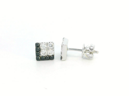 Square stud earrings with black and white round diamonds in 18K gold with push-back closure