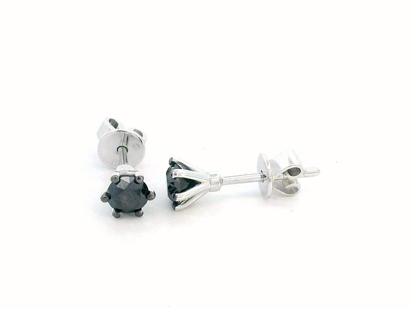 18K Gold Round Cut Solitaire Black Diamond Stud Earrings