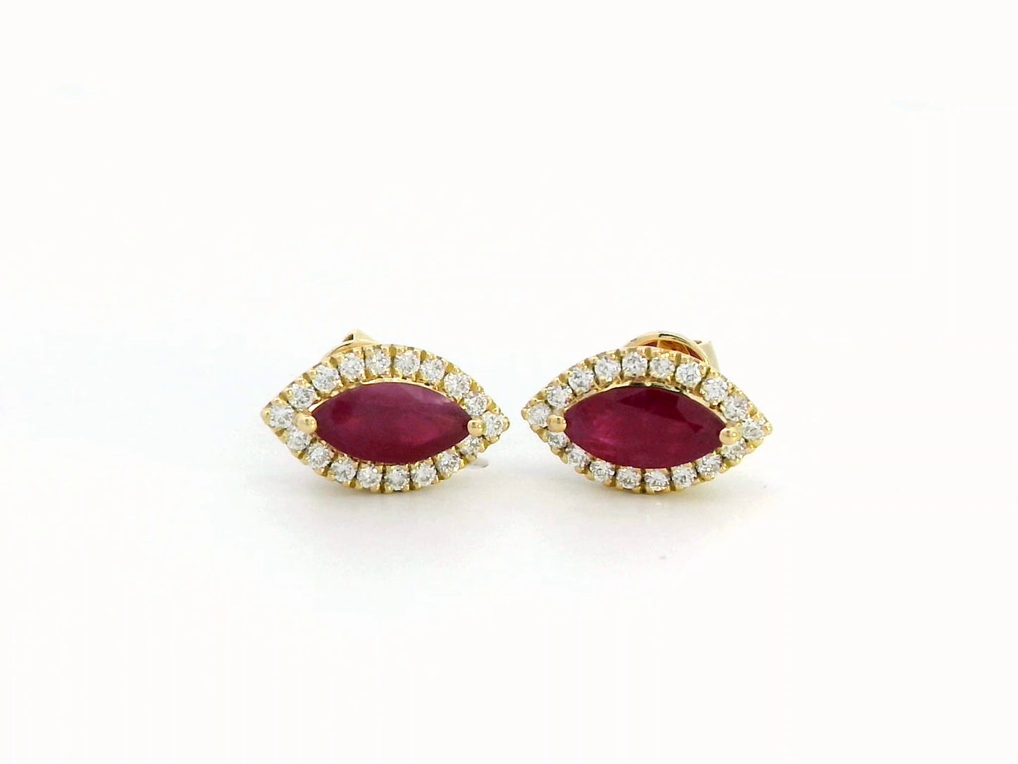 18K Yellow Gold Ruby and Diamond Halo Stud Earrings – 1.19 Carat Marquise-Cut Ruby with 0.28 Carat Diamond Halo, Elegant Fine Jewelry for Women