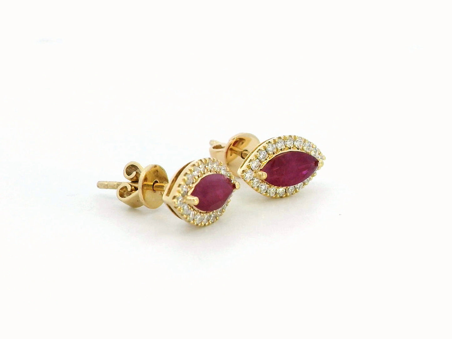 18K Yellow Gold Ruby and Diamond Halo Stud Earrings – 1.19 Carat Marquise-Cut Ruby with 0.28 Carat Diamond Halo, Elegant Fine Jewelry for Women