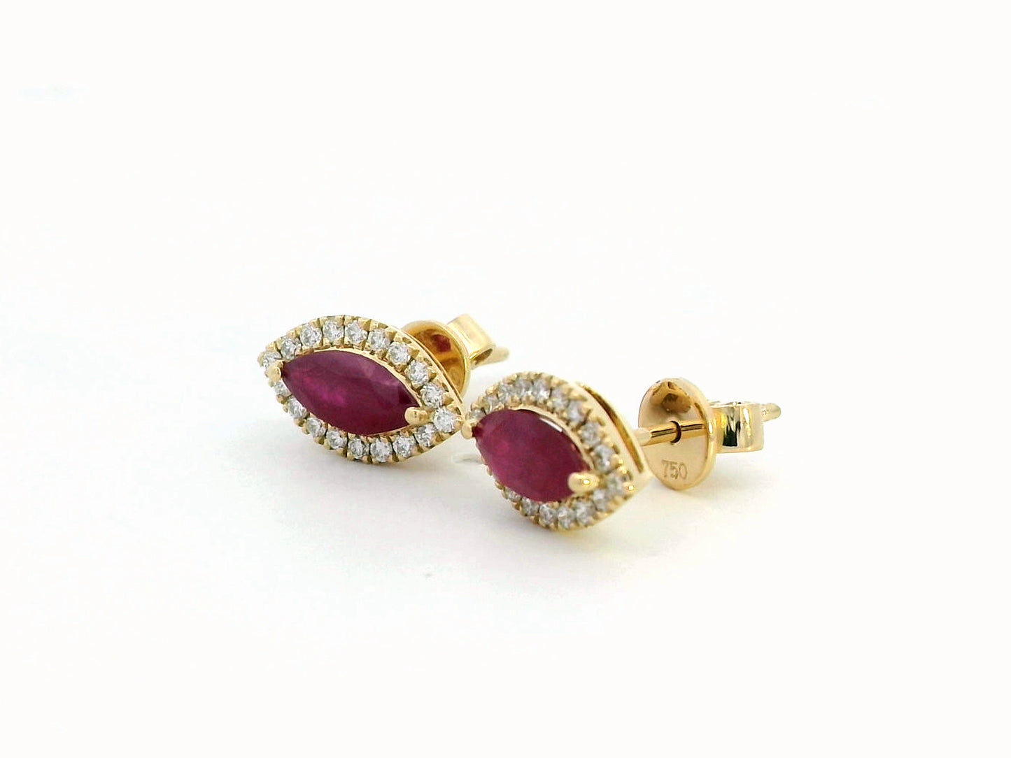 18K Yellow Gold Ruby and Diamond Halo Stud Earrings – 1.19 Carat Marquise-Cut Ruby with 0.28 Carat Diamond Halo, Elegant Fine Jewelry for Women