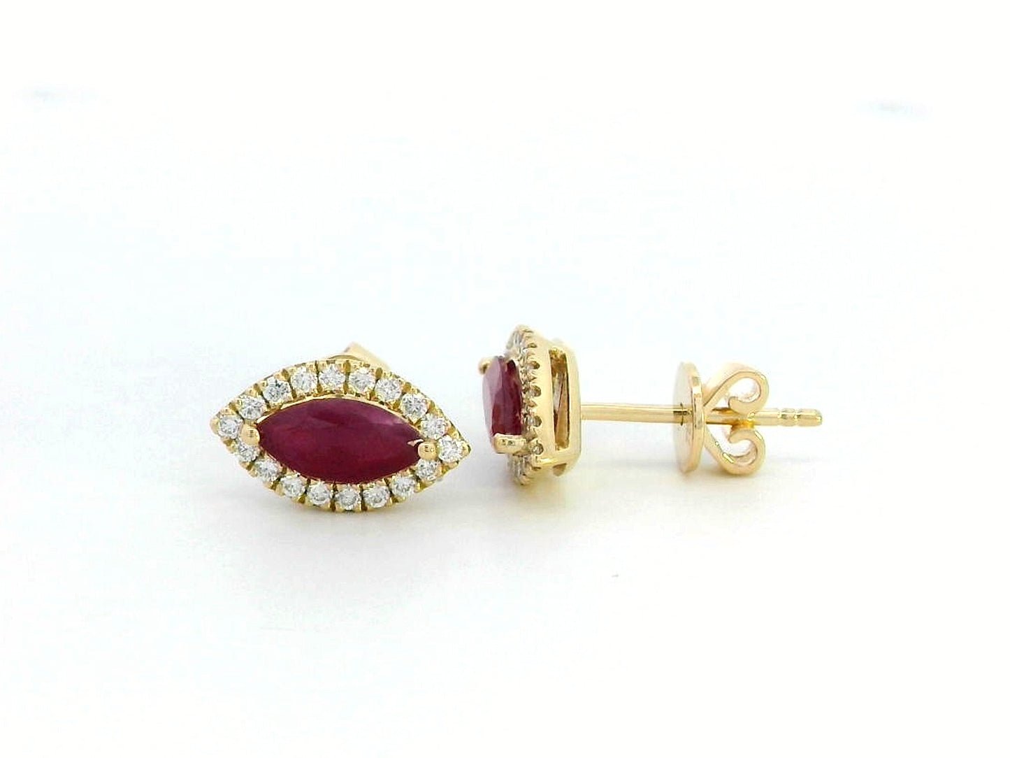 18K Yellow Gold Ruby and Diamond Halo Stud Earrings – 1.19 Carat Marquise-Cut Ruby with 0.28 Carat Diamond Halo, Elegant Fine Jewelry for Women