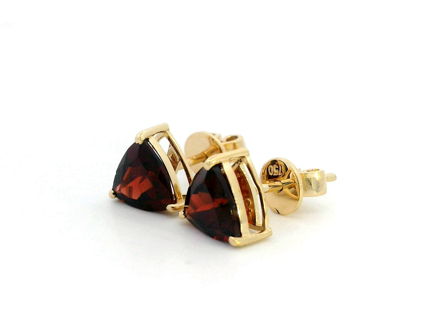 18K Yellow Gold Garnet Stud Earrings – 2.49 CT Trillion-Cut Solitaire, Three-Prong Set, Elegant Birthstone Jewelry
