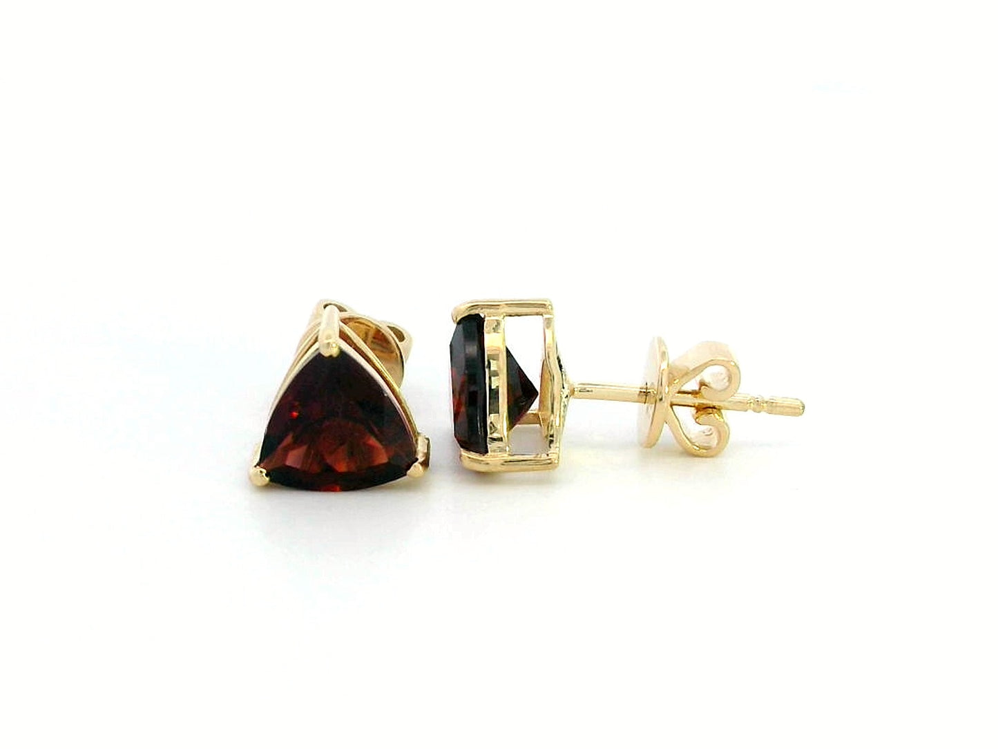 18K Yellow Gold Garnet Stud Earrings – 2.49 CT Trillion-Cut Solitaire, Three-Prong Set, Elegant Birthstone Jewelry