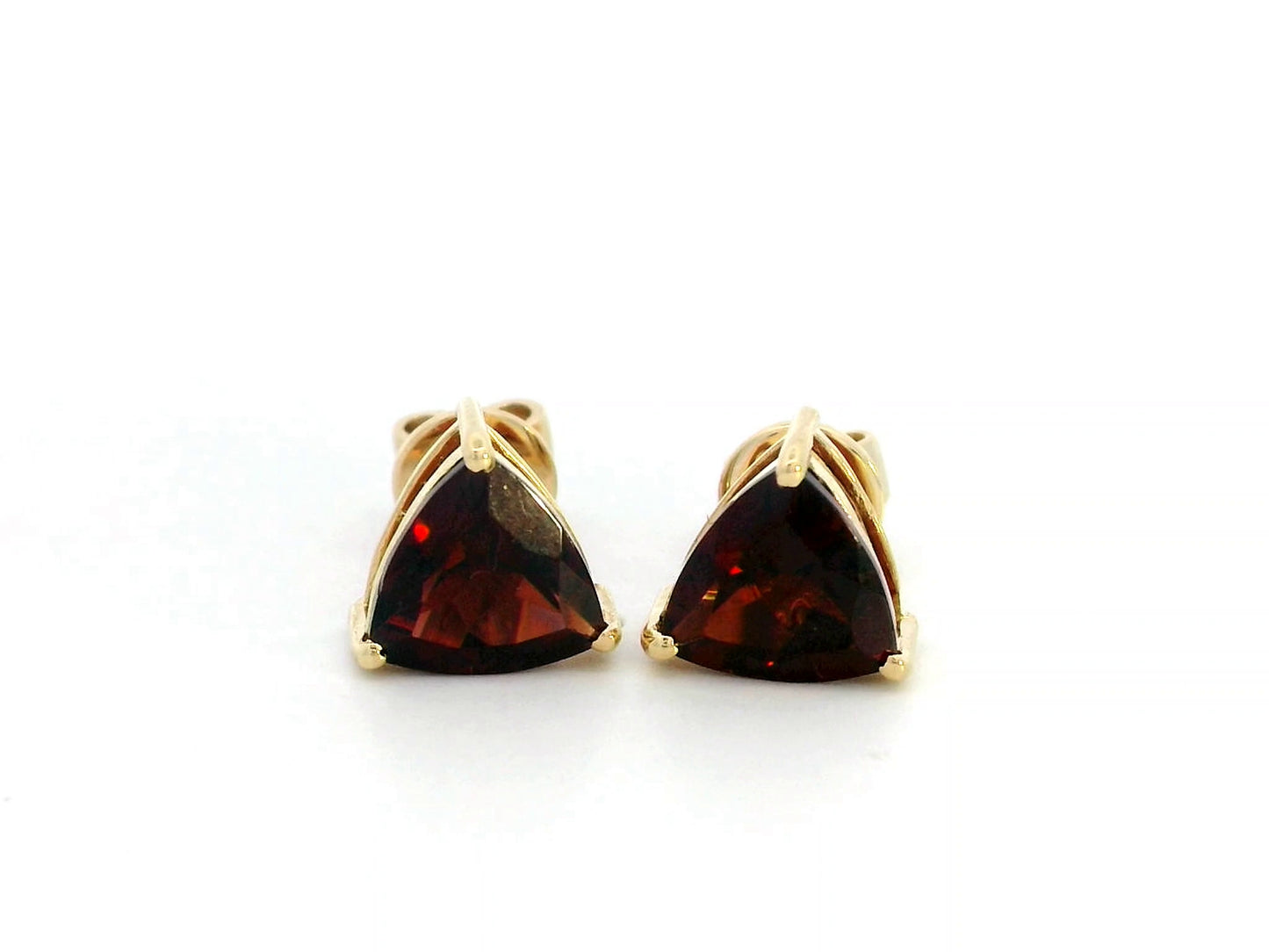 18K Yellow Gold Garnet Stud Earrings – 2.49 CT Trillion-Cut Solitaire, Three-Prong Set, Elegant Birthstone Jewelry