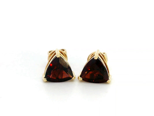 18K Yellow Gold Garnet Stud Earrings – 2.49 CT Trillion-Cut Solitaire, Three-Prong Set, Elegant Birthstone Jewelry